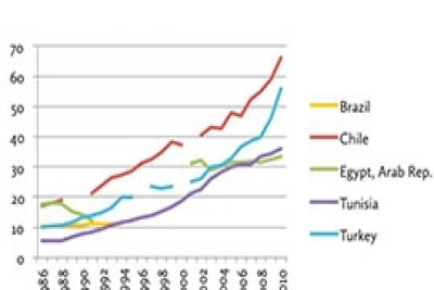 Tertiary school enrollment (% gross) in five countries with incidences of protest, 1981–2010